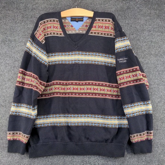 Tommy Hilfiger Golf Men's Pullover Sweater Blue Large Fair Isle Striped V-Neck - Picture 2 of 12